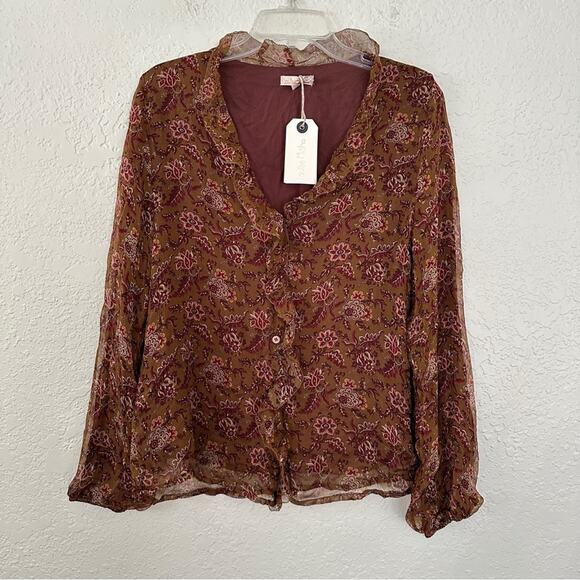 NWT Louise Misha Anthropologie Loreta Silk Brown Blouse 38 - Picture 2 of 7